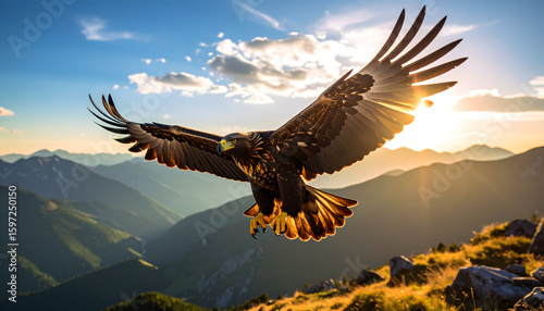 Majestic Eagle Soaring Above Golden Mountain Peaks at Sunset