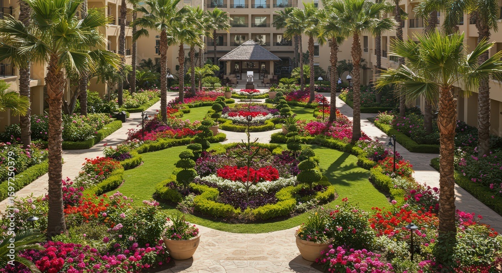 Naklejka premium View of a meticulously landscaped garden with palm trees and a gazebo in the background at daytime