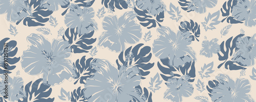 Botanical foliage line art background vector illustration. Tropical palm leaves drawing contour style pattern background. Design for wallpaper, home decor, packaging, print, poster, cover, banner.