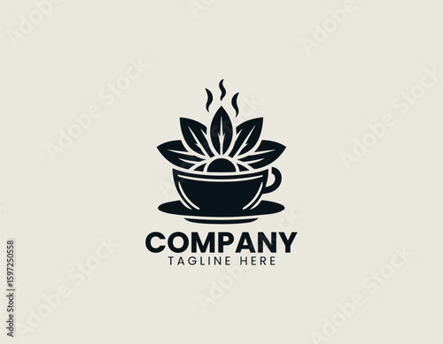 Floral Tea Cup Steaming Beverage Herbal Drink Vector Logo Design