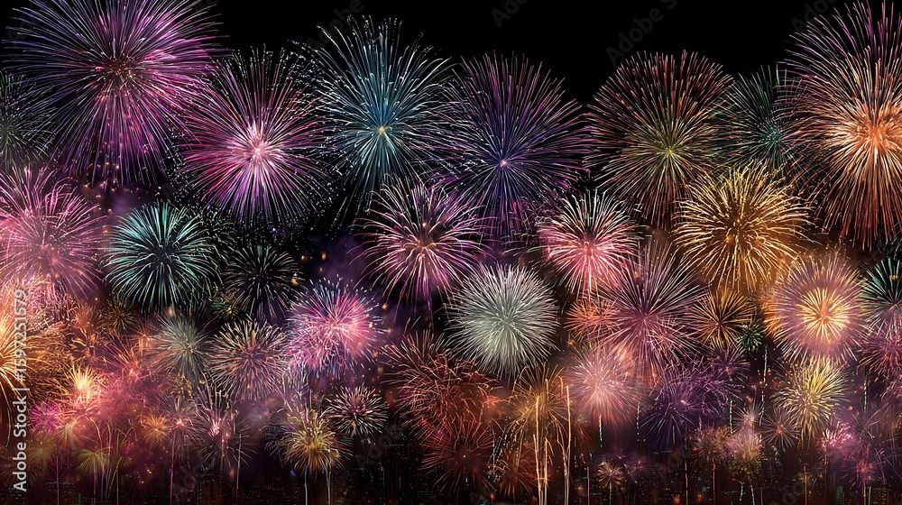 Fototapeta premium Night sky filled with grand fireworks colorful bright lights spectacular explosions festive joyful atmosphere