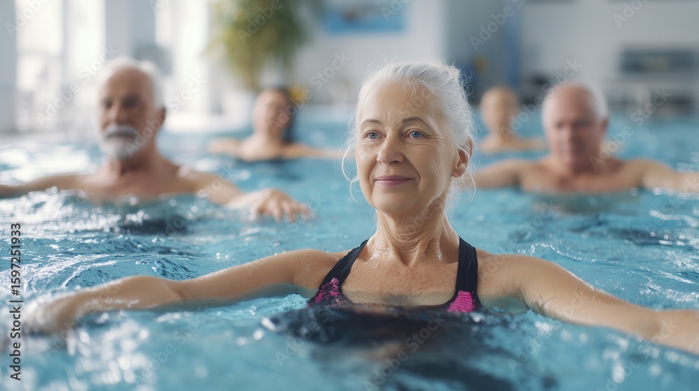 Fototapeta premium Submerged Elderly Water Fitness Group with Pink-Black Swimsuit Forefront Figure - Dynamic Aquatic Movement and Weightless Strength Building