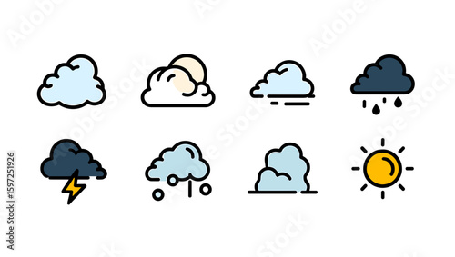 Weather icons showing various conditions including sun, rain, clouds, hail and lightning icons set