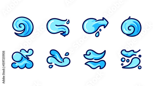 Collection of eight stylized blue water droplet icons with a hand drawn cartoon look and feel design