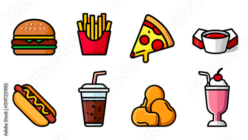 Assortment of fast food items including burger fries pizza soda hotdog milkshake and chicken nuggets
