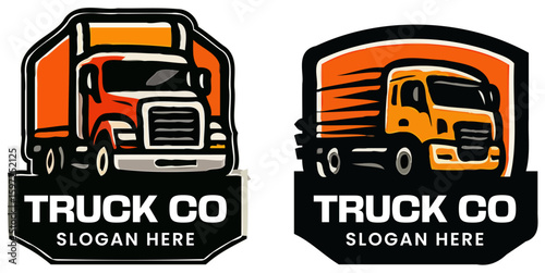 Two stylized trucking company logos featuring orange and red semi-trucks.