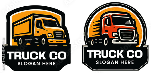 Two stylized truck logos, one orange and one red, for a trucking company.