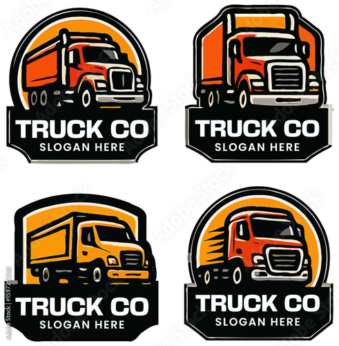 Four Unique Truck Company Logos Featuring Red and Yellow Trucks
