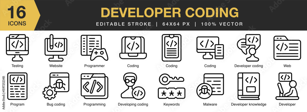 Fototapeta premium Developer Coding icon set. Editable Stroke Icon Collection. Includes technology, software, programming, data, coding, and More. Outline icons vector collection.