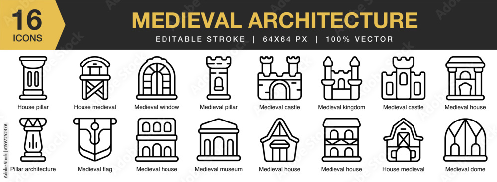 © spacepixel - Medieval Architecture icon set. Editable Stroke Icon Collection. Includes architecture, medieval, building, castle, ancient, and More. Outline icons vector collection.