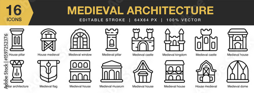 Medieval Architecture icon set. Editable Stroke Icon Collection. Includes architecture, medieval, building, castle, ancient, and More. Outline icons vector collection.