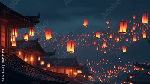 Lanterns floating gently above ancient rooftops at night warm glowing light serene magical scene