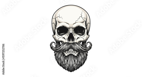 Vector illustration of a stylized human skull with a full beard and curled mustache on a white background. Realistic bone texture and fine linework evoke vintage tattoo or woodcut design aesthetics.
