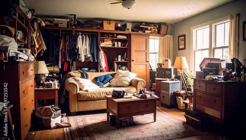 Cluttered room with furniture and belongings