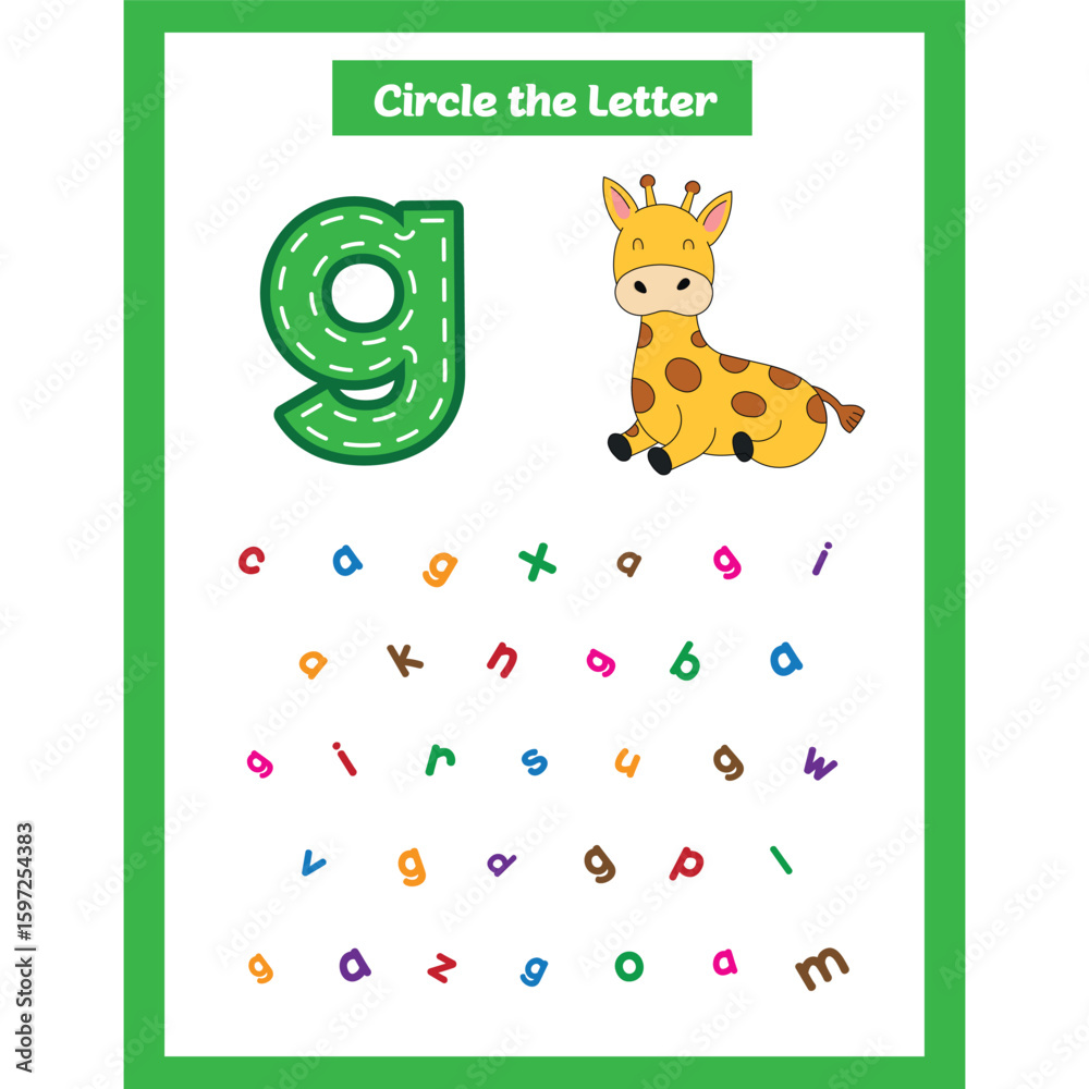 Naklejka premium Circle the letter worksheet activity for kids G for Giraffe small letter g