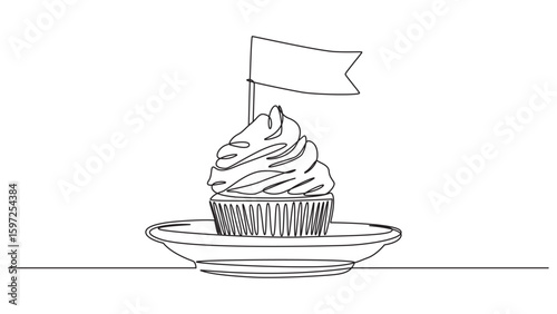 One line drawing of cupcake with flag, celebration and sweet temptation