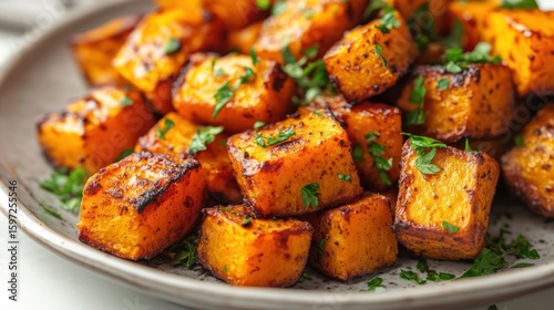 Savory roasted butternut squash cubes with fresh herbs on a rustic plate