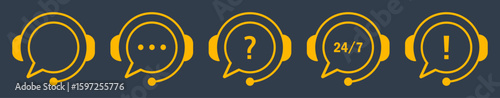 Vector outline icons of customer support headsets with chat bubbles, help, alert, and 24/7 service symbols. Ideal for call centers, help desks, and online communication interfaces.