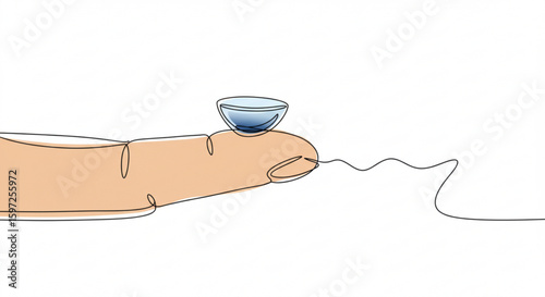 Hand holding orthokeratological hard contact lens on finger pad. Single line vector contour concept