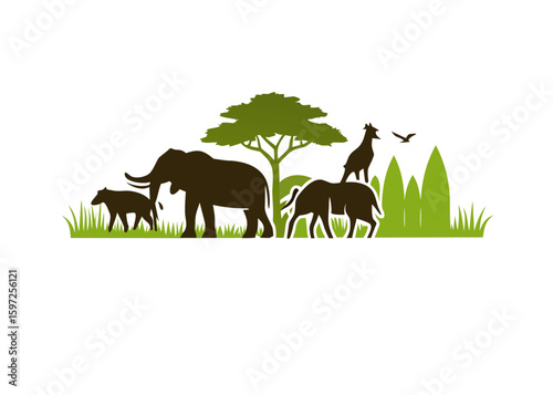 African wildlife silhouette with elephants and giraffe