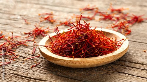 Close-up of vibrant saffron threads in a wooden bowl on rustic wooden table, showcasing their rich color and texture