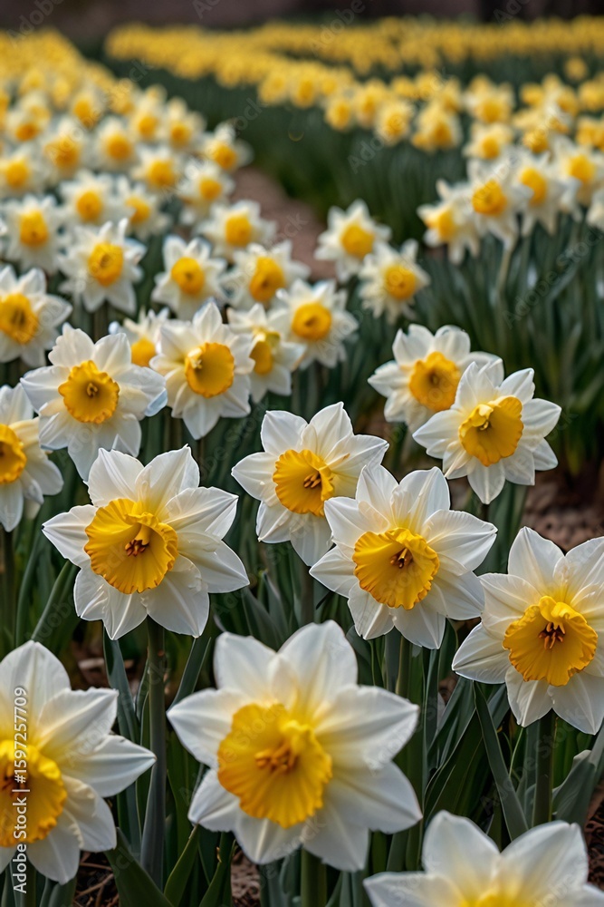 Fototapeta premium Close up of white daffodils with yellow centers in a field