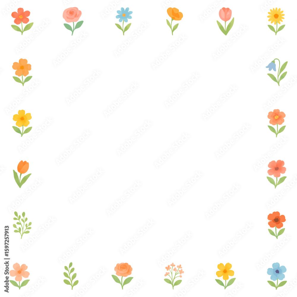 Obraz premium 다양한 꽃 아이콘 테두리 장식, 상큼한 봄 일러스트 프레임 디자인