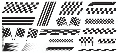 racing stripe vector set featuring dynamic checkered flag designs, race car decals, speed lines, and black and white motorsport graphics

