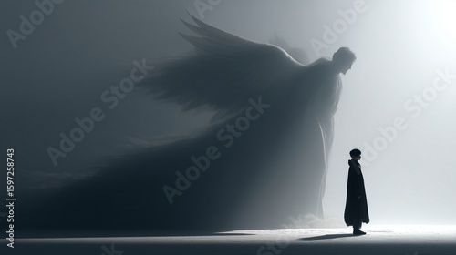 Small human gazing at a gigantic angelic shadow on a plain white background, ethereal and dramatic