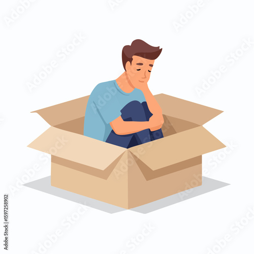 Person seated in a dark open box, symbolizing depression, emotional isolation, and heavy mood in vector style.