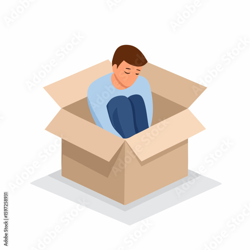Person seated in a dark open box, symbolizing depression, emotional isolation, and heavy mood in vector style.