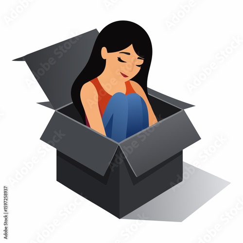 Person seated in a dark open box, symbolizing depression, emotional isolation, and heavy mood in vector style.
