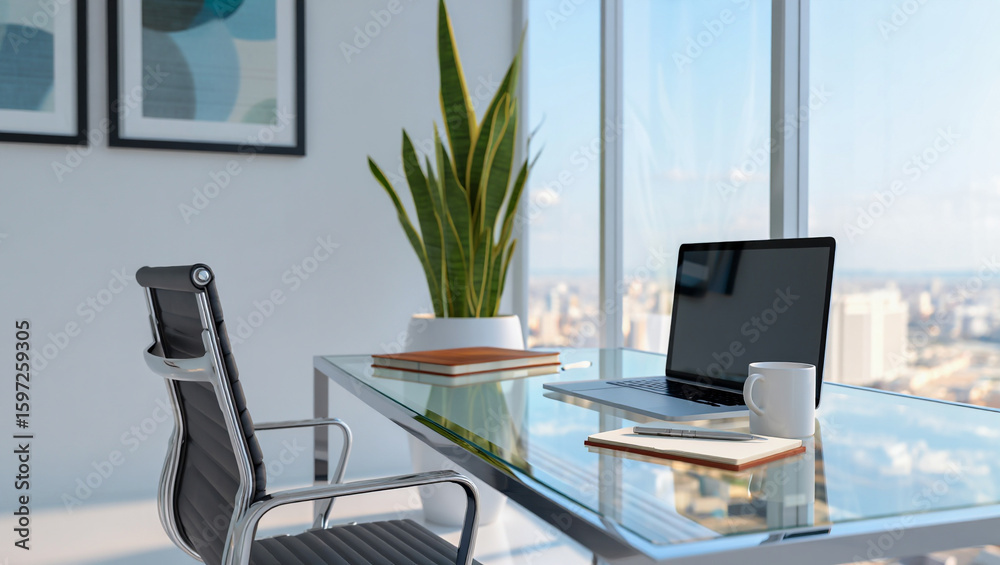 Fototapeta premium Modern Office Desk with Laptop, Minimalist Workspace and Home Office Setup