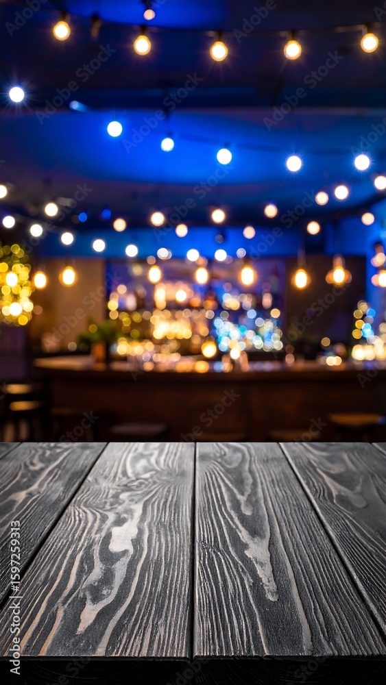 Fototapeta premium Dark wood tabletop in a blurry bar scene