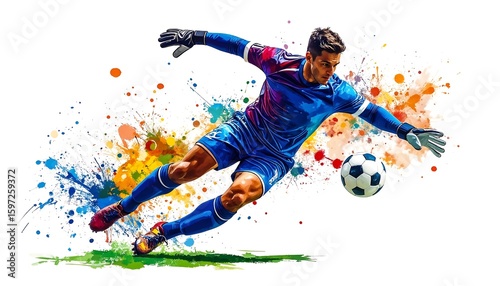 Soccer Goalie Dive, Watercolor Action Shot - Watercolor effects