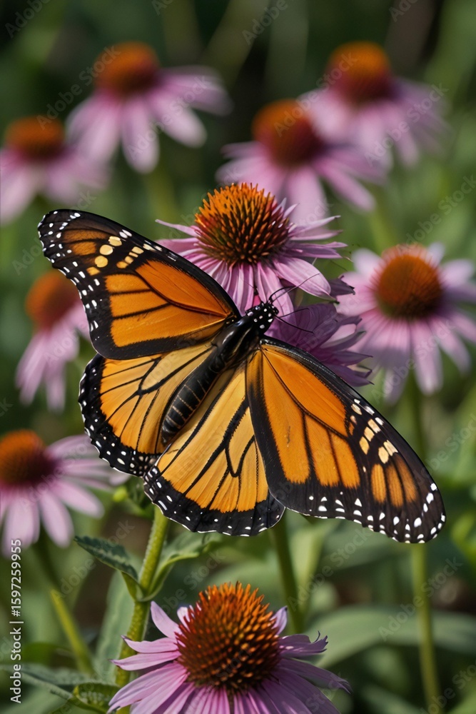 Fototapeta premium Monarch butterfly with vibrant orange wings rests on a purple coneflower