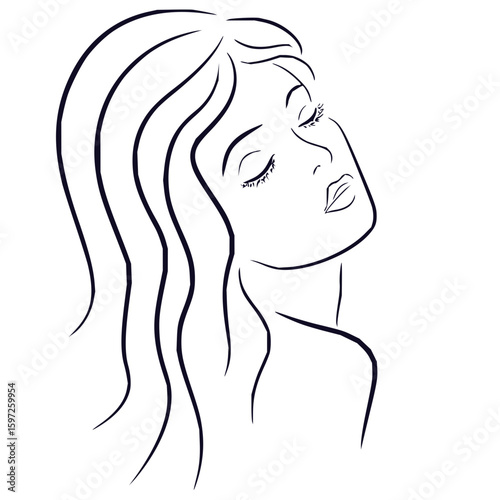 Line art drawing of a woman with long wavy hair and closed eyes in a serene pose and minimalist style