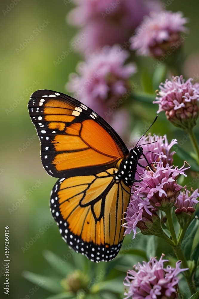 Fototapeta premium Monarch butterfly with orange wings and black markings feeding on pink flowers