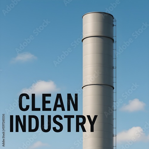 A tall industrial chimney stands against a blue sky symbolizing clean industry practices