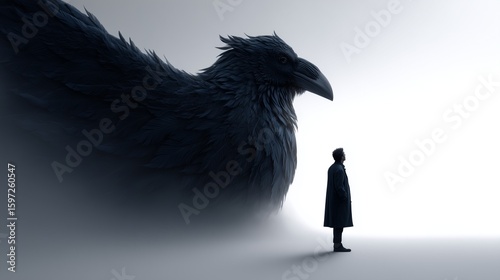 Person standing in the shadow of a massive mythical bird on a white background, fantasy and striking