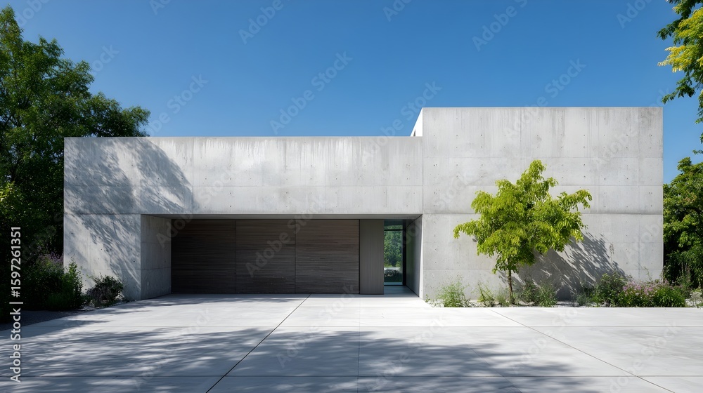 Obraz premium Modern House Minimalist Small British Style Sunny Weather Vibrant Landscapes Crisp Details Radiant Lighting Elegant Design Sophisticated Ambiance Concrete Metro Charm (AI-Generated)