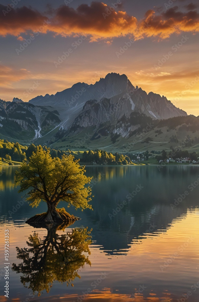Fototapeta premium Lone tree reflected in calm lake at sunset