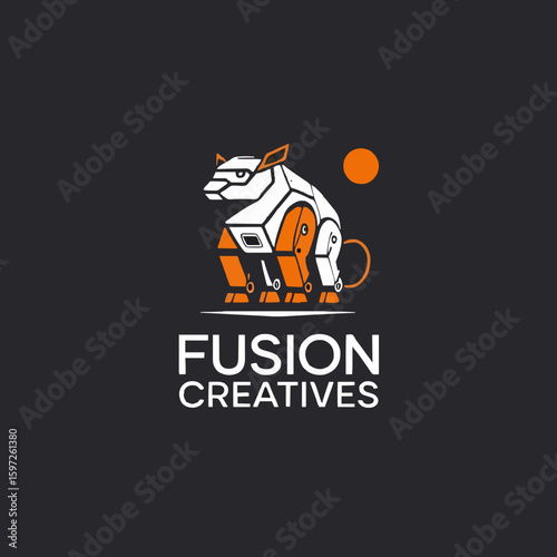A stylized logo featuring a mechanical animal, likely a dog or cat, with a futuristic design, for a creative company.