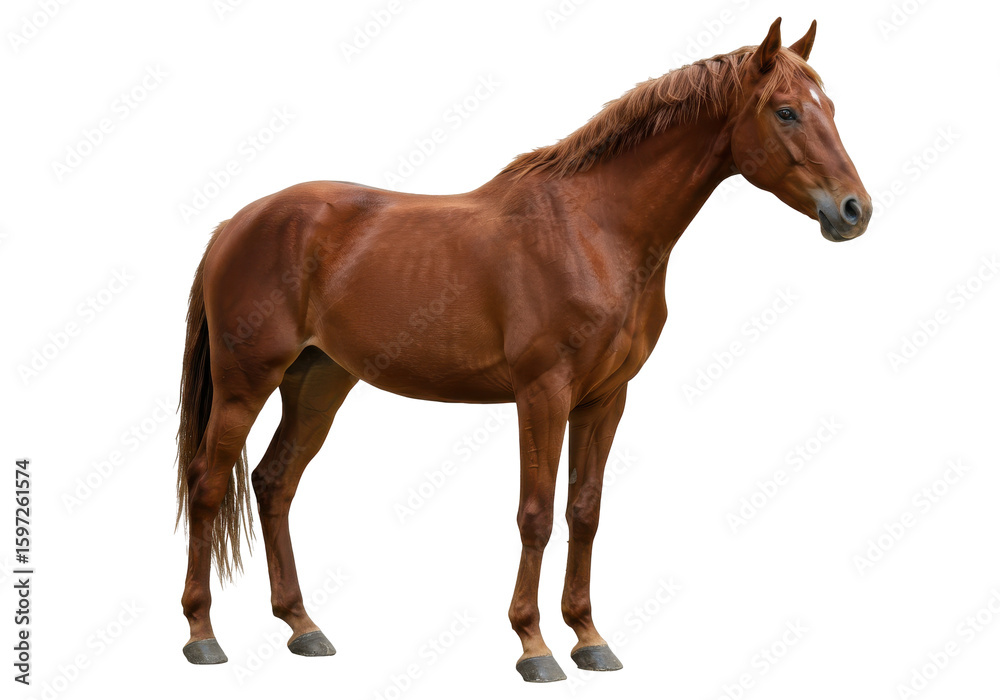 Obraz premium Majestic brown horse standing gracefully in a lush green pasture under a clear sky (1)