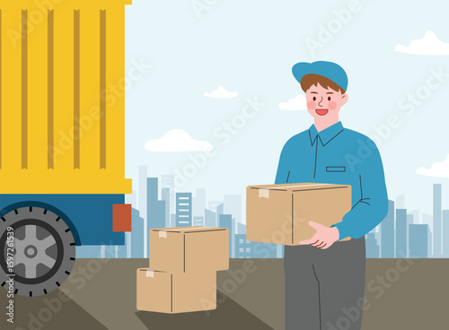 Delivery Man with Parcels Near Truck in Cityscape
