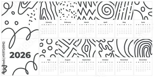 New Year 2026. Agenda organizer square page with black and white doodle line art simple illustration. Vector editable classic monthly calendar with week starts on Sunday. Annual calendar planner