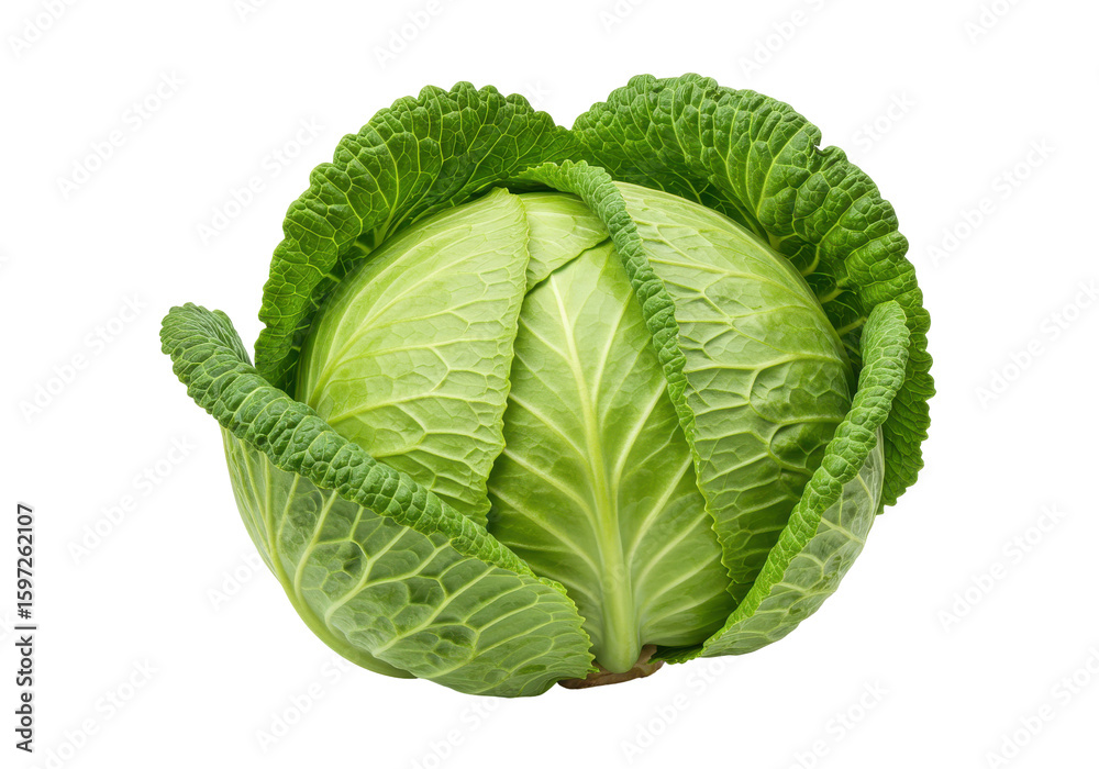 Obraz premium Fresh green cabbage with vibrant leaves, isolated on white background, perfect for culinary use