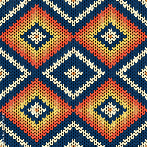 Elegant knitted pattern with layered diamond shapes in navy, red, yellow, and cream. Perfect for cozy textiles, vintage-inspired crafts, winter designs, and creative handmade projects.