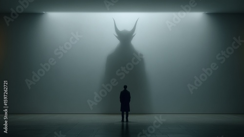 Lone figure in the shadow of a massive demonic silhouette on a white canvas, dark and ominous