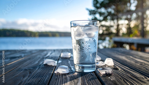 a glass of fresh cold water on a wooden table